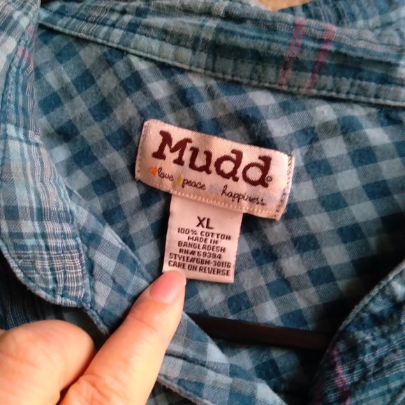 Mudd Girls Blue Plaid Button Down Shirt with Roll Tab Sleeves - Picture 3 of 4
